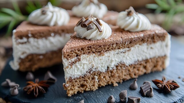 Delicious Chocolate Cream Cake Slices, Close-up Pastry Dessert