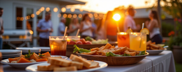 Casual outdoor catering setup with plates of sandwiches, fresh vegetables, and refreshing drinks during warm sunset gathering