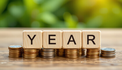 Year word on wooden blocks with coin stacks on wooden table with green background, symbolizing financial growth and saving