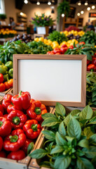 Fresh red bell pepper and green leafy vegetables displayed with blank wooden frame for text in market