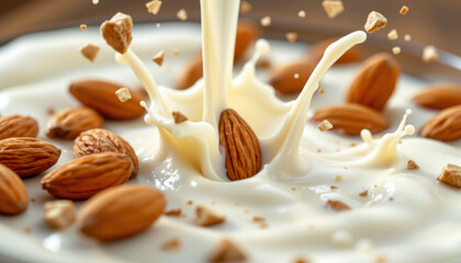 Almond splash in creamy milk with whole and crushed nuts, fresh and natural healthy beverage closeup with dynamic motion and texture
