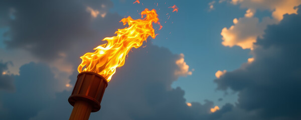 Powerful bright torch flame burning against cloudy blue sky creating dramatic and intense outdoor atmosphere