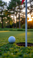 Golf ball near hole on putting green with flagstick and sunset in background creating warm light