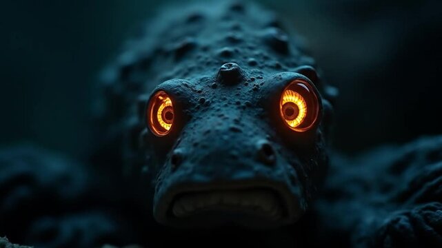 Close Up of Strange Creature with Glowing Eyes in Dark Setting