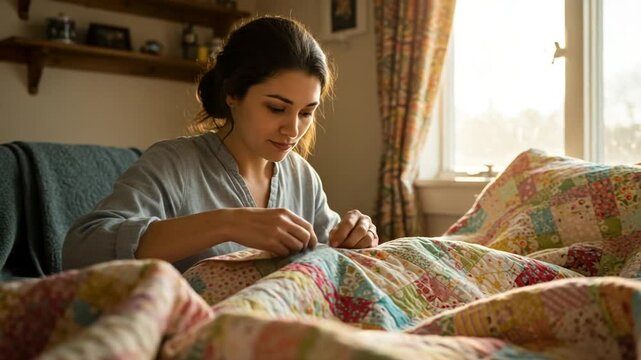 Woman sewing a colorful quilt in cozy sunlight room