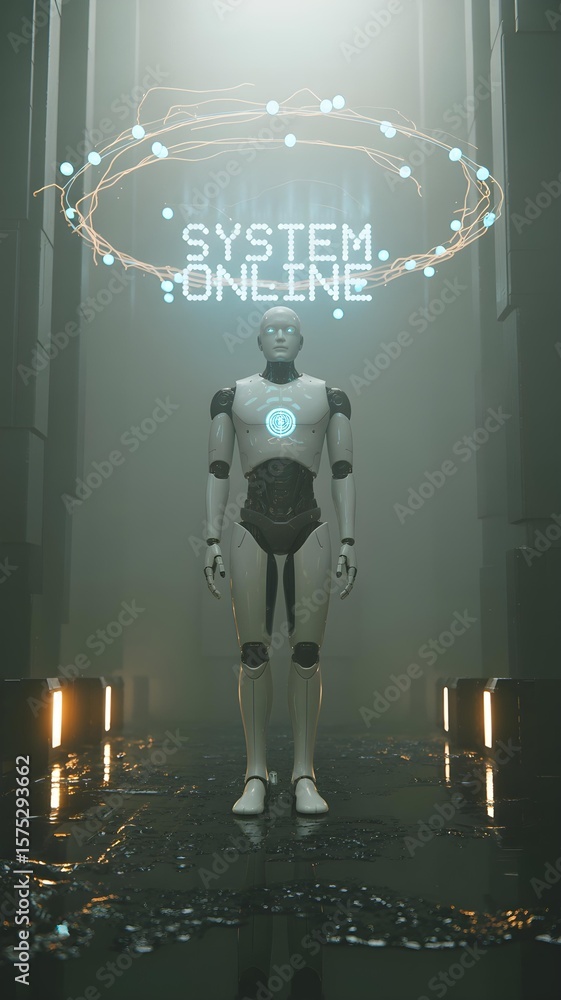Aufkleber futuristic humanoid stands illuminated in misty glow, system online with data points circling, creat