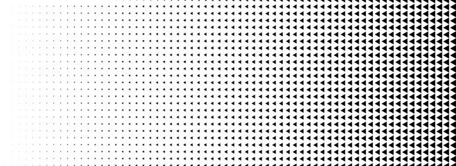 Fading triangle halftone gradient texture. Black and white abstract geometric background. Tech triangular halfton gradation pattern. Vector vanishing mosaic arrow wallpaper for poster, banner, booklet