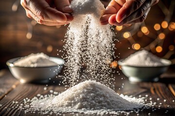 A hand is holding a pile of salt, with the salt falling from the hand