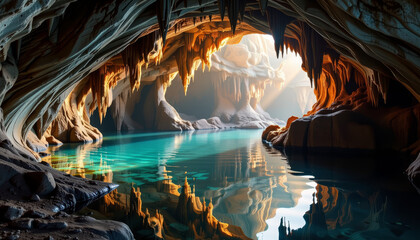 Underground cave with turquoise water reflecting stalactites and stalagmites, serene natural light creating peaceful atmosphere