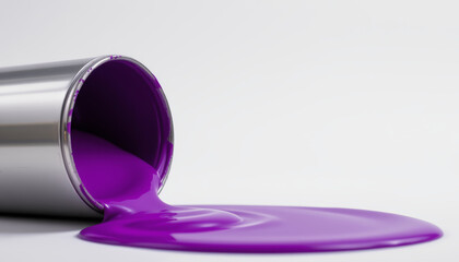 Purple paint spilling from metal container on white surface, creating smooth and shiny liquid pool with vibrant color