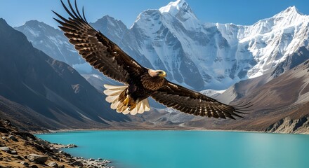 Majestic Eagle Flying Above Turquoise Lake and Snowy Mountain Peaks