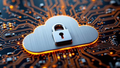 Cloud lock security concept with closeup silver cloud and padlock on circuit board glowing orange lights