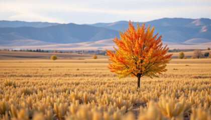 Autumn tree with vibrant orange and yellow leaves stands alone in golden field under soft sky with distant mountains creating peaceful mood