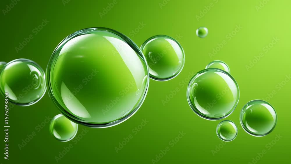 Poster green hydrogen infrastructure. green transparent bubbles floating on smooth green background with sh