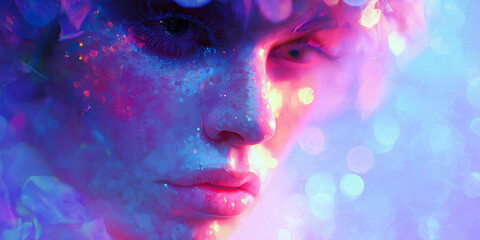 Fototapeta premium Portrait of a person adorned with bright neon colored makeup