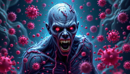 Zombie creature with glowing red eyes and sharp teeth surrounded by floating virus particles in dark eerie atmosphere