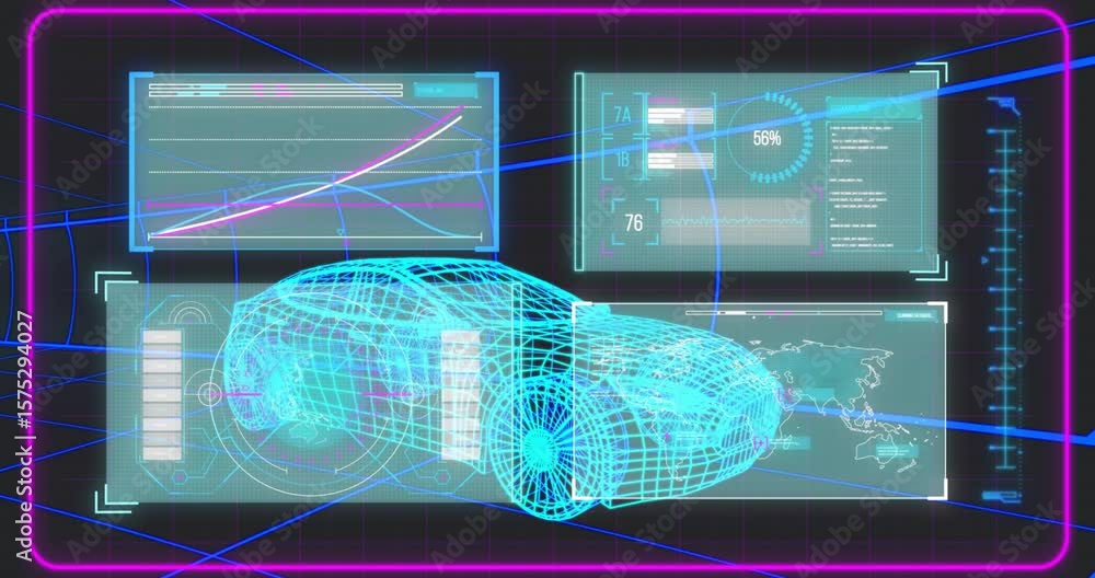 Poster scan starting projecting cyan wireframe car as cycling gauge percentages and performing calibration