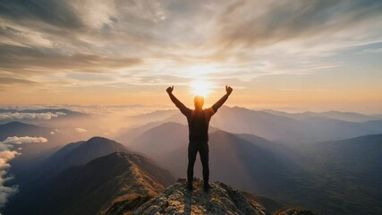 Successful man stand top of alps mountain. Fun adventure. Hiker achieve high rock peak. Travel success freedom motivation concept. Tourist climber go hike enjoy view. Backpacker explore epic journey.