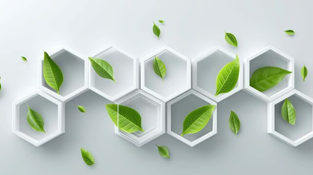 Green hydrogen infrastructure. Green leaf with white hexagon background featuring fresh nature elements, clean design, bright lighting, and natural abstract pattern with soft