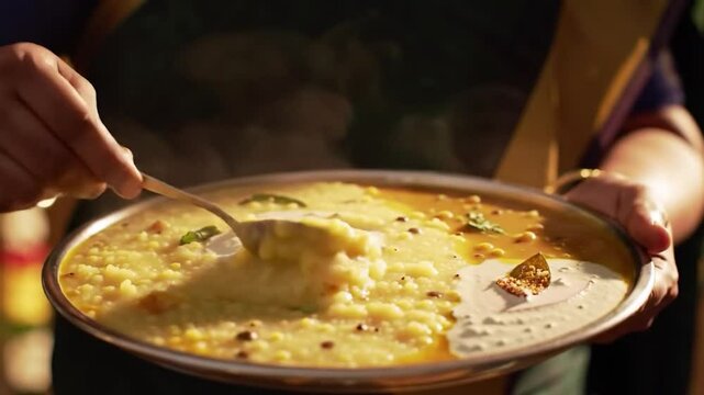 Ven Pongal Khara Pongal Sambar coconut chutney man hand serving Indian breakfast food Tamil Nadu festival Pongal Sankranti