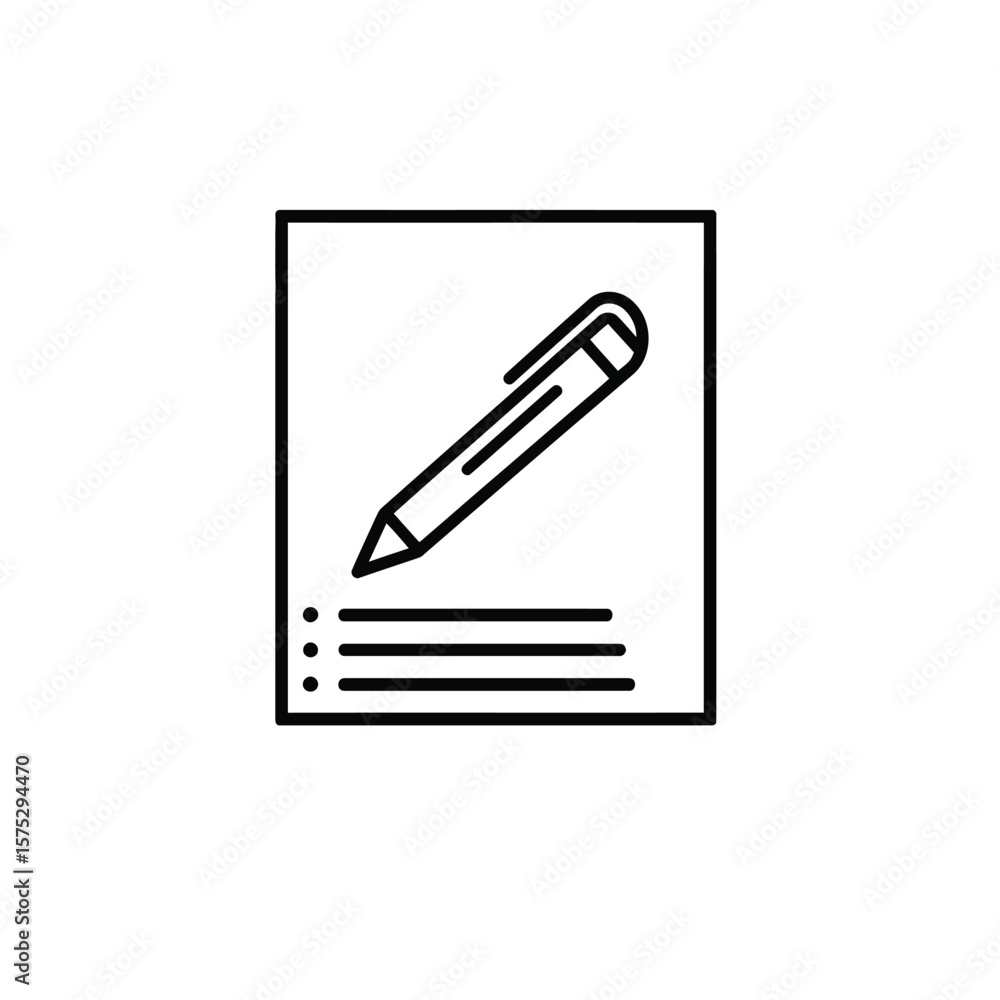 Poster outline icon of pencil writing on paper with lines and dots detailing list