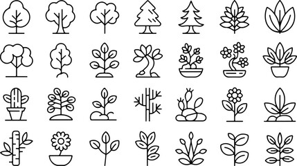 Collection of various stylized plant and tree icons in a simple outline drawing style on a white background