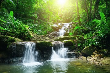 Serene jungle stream with cascading waterfalls surrounded by lush greenery and vibrant sunlight, Jungle stream with idyllic waterfall cascade Mossy rocks and green jungle
