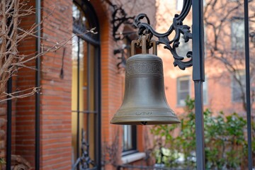 Obraz premium Historic bell ringing evokes nostalgia outside brick building in afternoon light, Historic Bell Ringing Outside Building