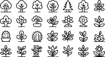 Obraz premium Collection of simple black line art icons representing various plants including trees flowers leaves and a cactus for nature and gardening themes