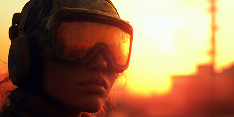 Woman in goggles with a sunset in the background.