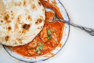 Watercolor painting of chicken tikka masala with naan bread and a spoon