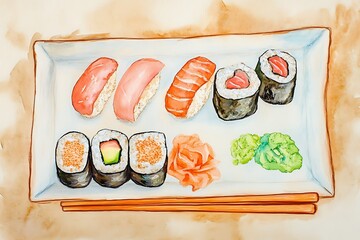 Watercolor painting of a sushi platter with various rolls and nigiri