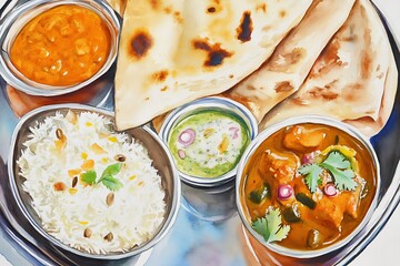 Watercolor painting of a delicious indian thali meal with naan and rice