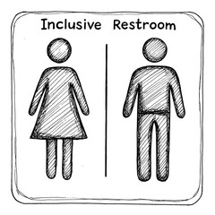 Inclusive restroom sign depicting male and female symbols in sketch style  