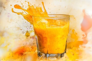 Vibrant orange juice splash in a glass with watercolor effect