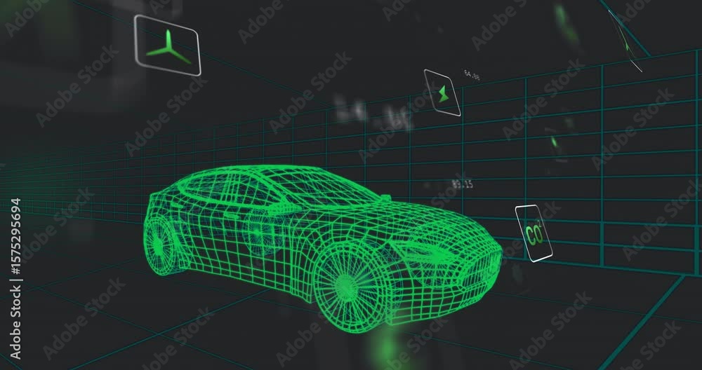 Poster power icon appearing starting icons floating rotating and pulsing around wireframe car for display