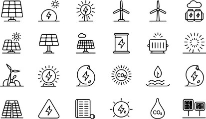 Collection of clean energy and renewable power generation icons including solar panels wind turbines batteries and co2 emissions symbols