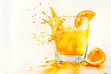 Vibrant orange juice splash in a glass with fresh orange slices