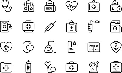 Collection of simple black line art medical icons representing healthcare symbols and equipment on a white background