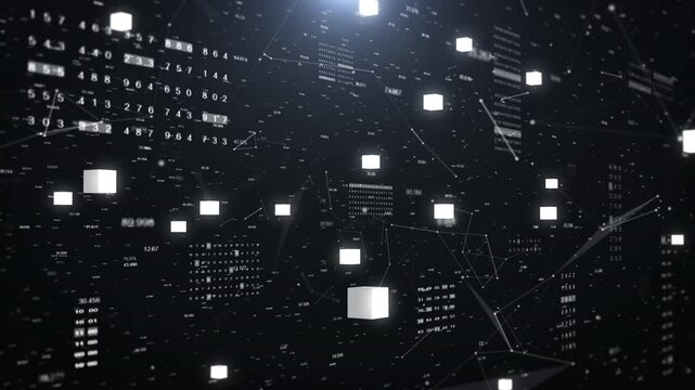 Abstract digital number decimal sampling simulation code streaming data transfer with low poly network flowing scientific technology 4K motion.