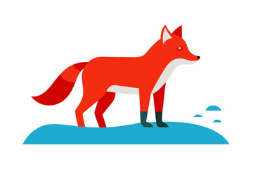 Stylized red fox standing on a blue snowy landscape with white background