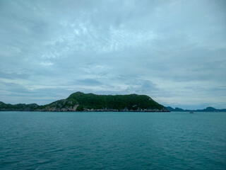 Beautiful Seascape with Mountains, Blue Ocean, and Islands under Clear Sky at Ang Thong National Marine Park, Koh Samui, Thailand