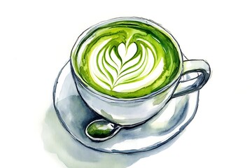 Watercolor painting of a vibrant matcha latte with latte art on a saucer