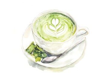 Watercolor painting of a matcha latte with latte art and matcha leaves