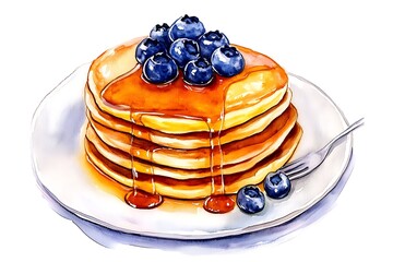 Watercolor illustration of a stack of pancakes with blueberries and syrup