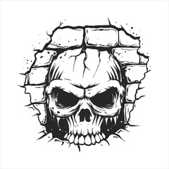 Menacing skull bursts through a crumbling brick wall, radiating an aura of horror and decay isolated on white background