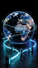 Global connectivity and futuristic technology converge in this digital earth artwork featuring circuit boards and network lines.