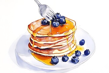 Watercolor illustration of a stack of blueberry pancakes with syrup and a fork