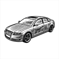 Fototapeta premium Detailed black and white sketch of a modern luxury car isolated on white background, showcasing sleek design and intricate line work