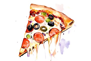 Watercolor slice of pepperoni pizza with melting cheese and olives